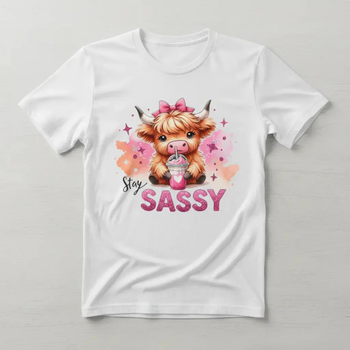 White t-shirt mockup with sassy highland cow design