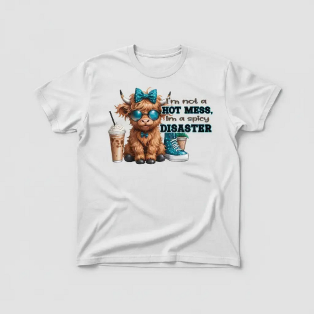 White t-shirt mockup with spicy disaster highland cow