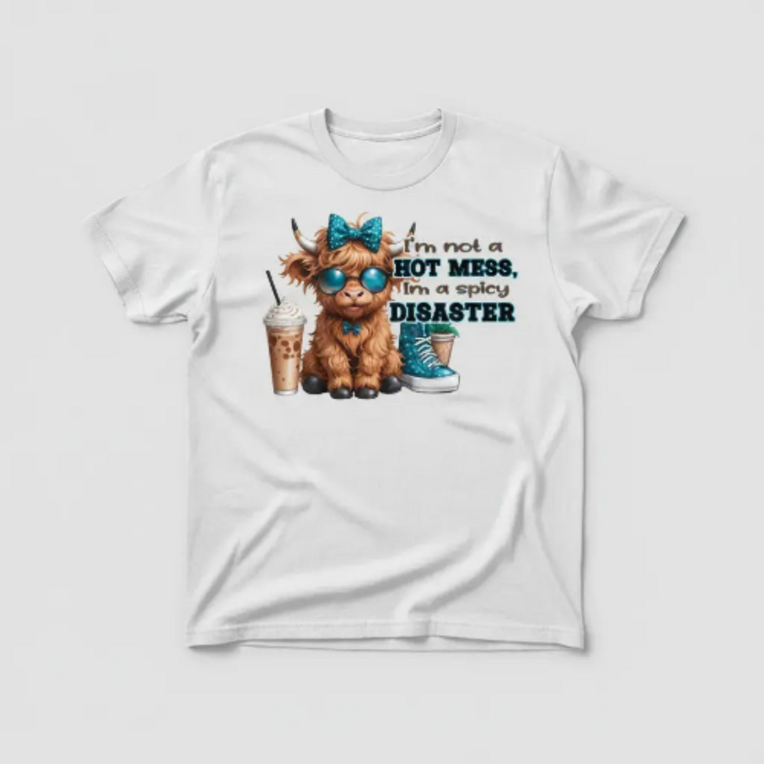 White t-shirt mockup with spicy disaster highland cow