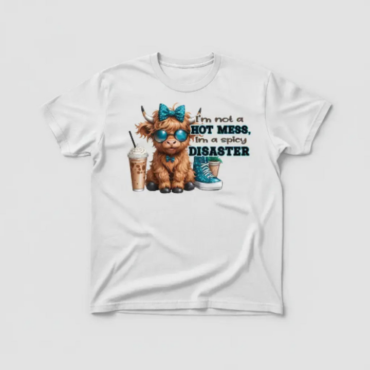 White t-shirt mockup with spicy disaster highland cow