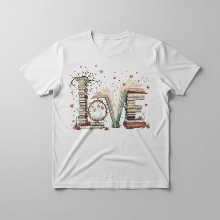Charming Cute Bookworm Graphic Tee showcasing a detailed illustration of a cozy stack of literary books forming the word LOVE with floating hearts and delicate branches.