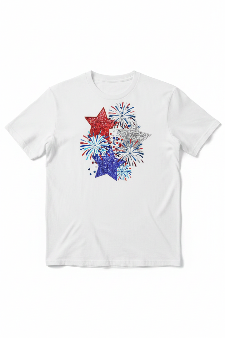 Dazzling 4th of July Shirt featuring a patriotic red, silver, and blue sequin-style glitter stars and fireworks graphic print.