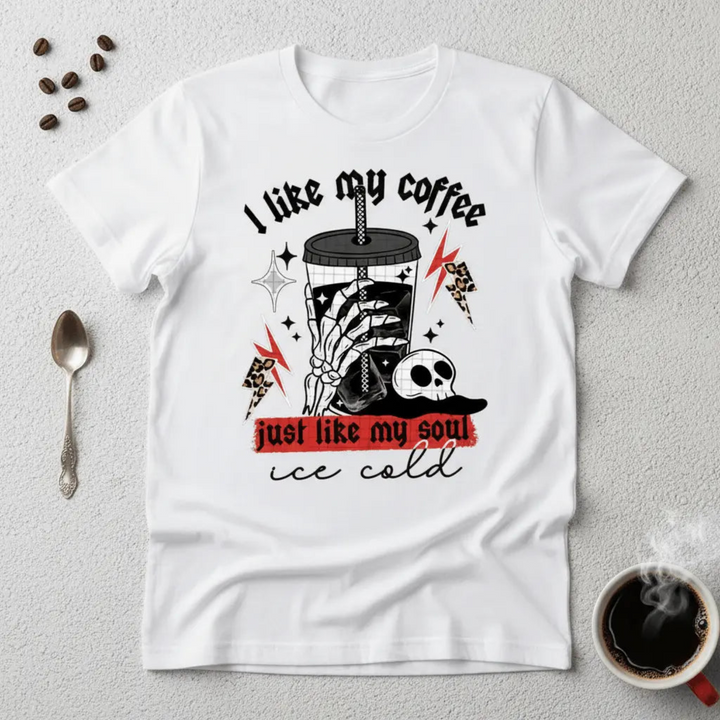 Edgy Skeleton Iced Coffee Shirt showcasing a detailed graphic print of a skeleton hand gripping a frosty drink with funny dark humor sarcasm text.