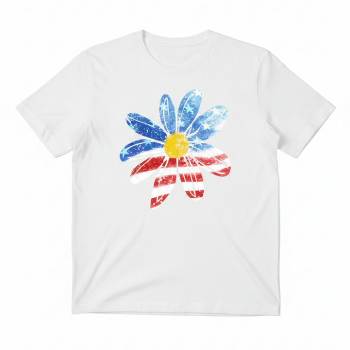 Vintage-style Patriotic Flower Shirt featuring a large blooming daisy flower graphic filled with a red, white, and blue American flag pattern.