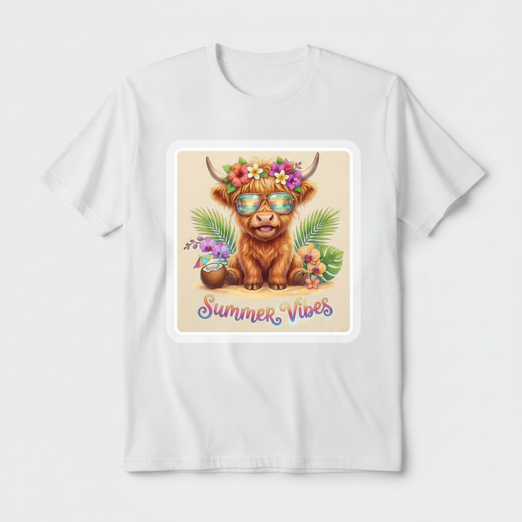 Summer Vibes Highland Cow graphic tee with aviator shades and tropical flower crown on soft fabric