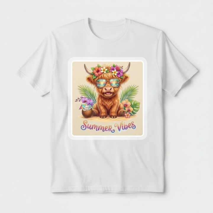 Summer Vibes Highland Cow graphic tee with aviator shades and tropical flower crown on soft fabric