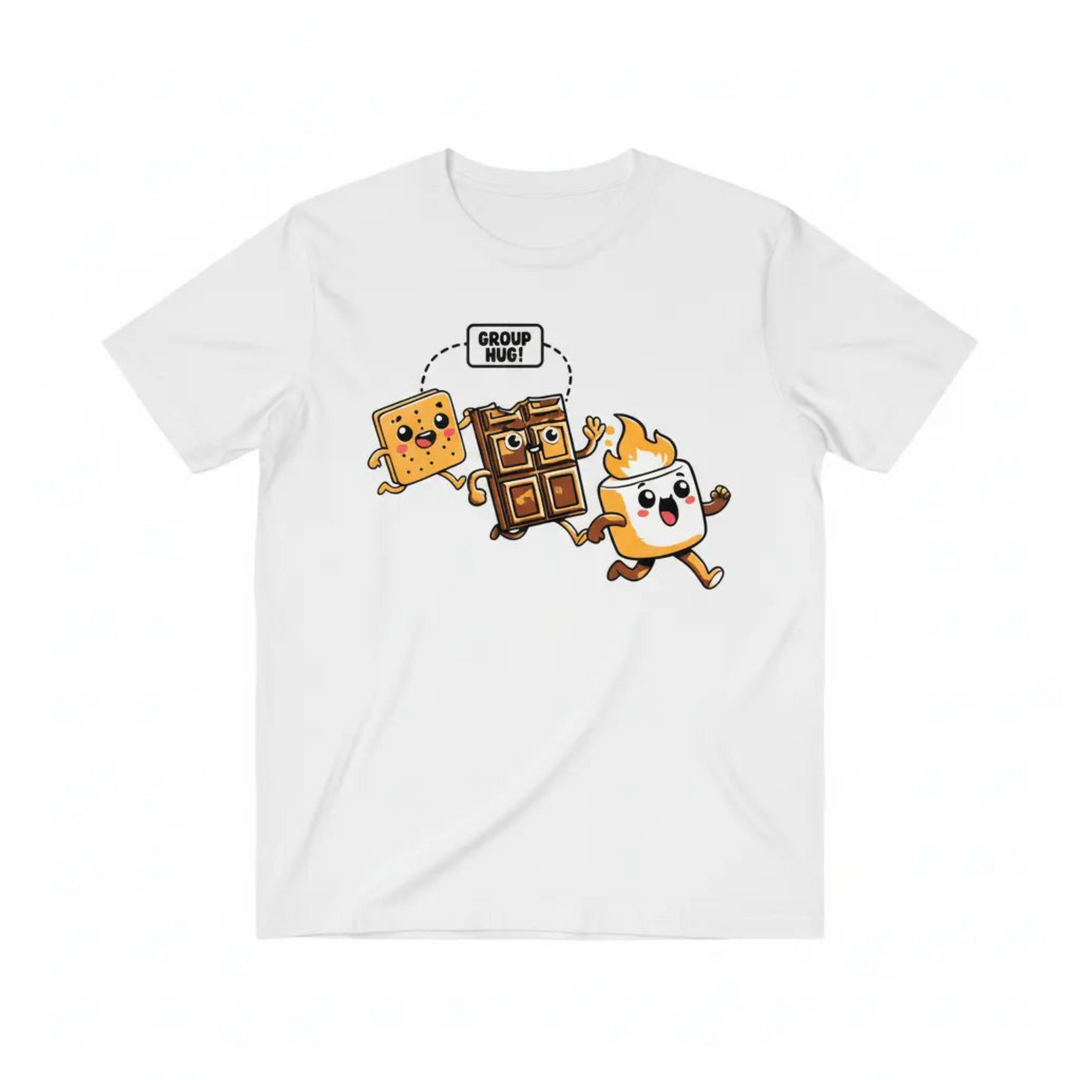 Playful Funny Camping Graphic Tee showcasing a colorful kawaii illustration of a graham cracker, chocolate, and marshmallow running into a campfire group hug.
