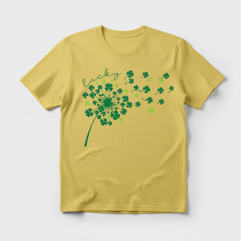 Yellow t-shirt mockup with lucky shamrock dandelion design
