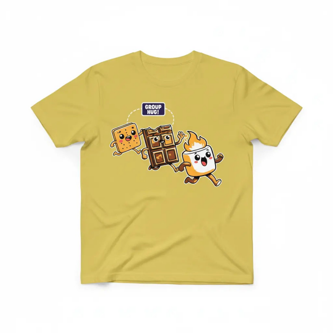 Playful Funny Camping Graphic Tee showcasing a colorful kawaii illustration of a graham cracker, chocolate, and marshmallow running into a campfire group hug.