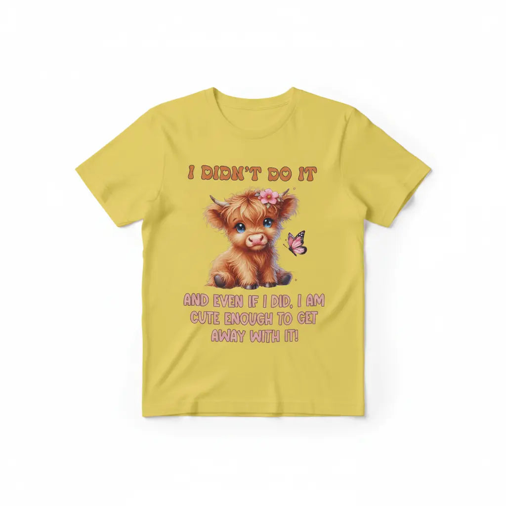 Highland cow I Didn't Do It T-shirt in yellow featuring a cute graphic and playful text design.