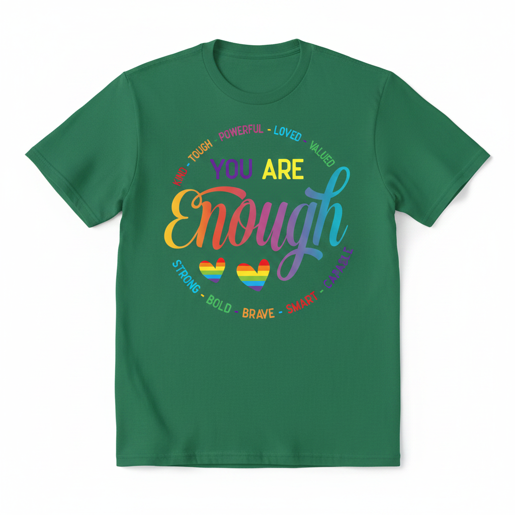 You Are Enough graphic tee with rainbow gradient and inspirational words for empowerment