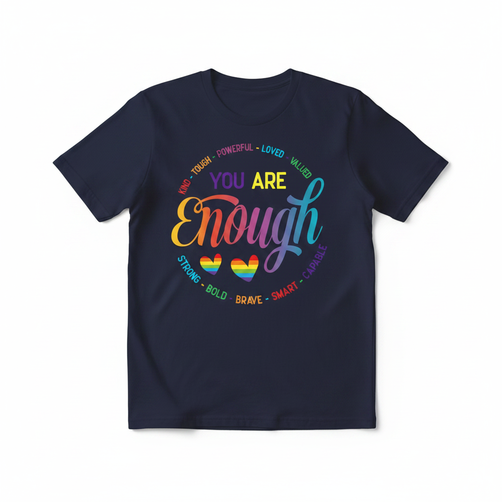 You Are Enough graphic tee with rainbow gradient and inspirational words on unisex soft fabric