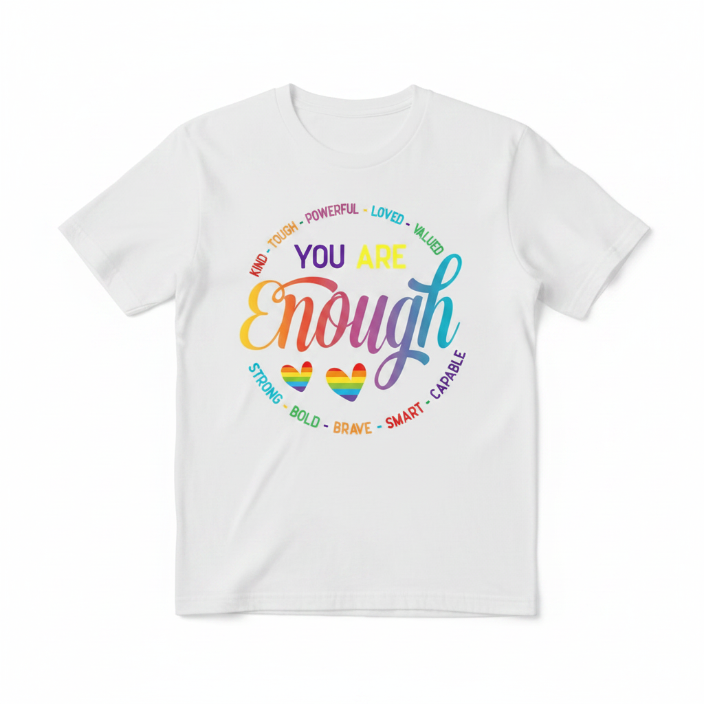 You Are Enough rainbow gradient graphic tee with inspirational words on soft unisex fabric