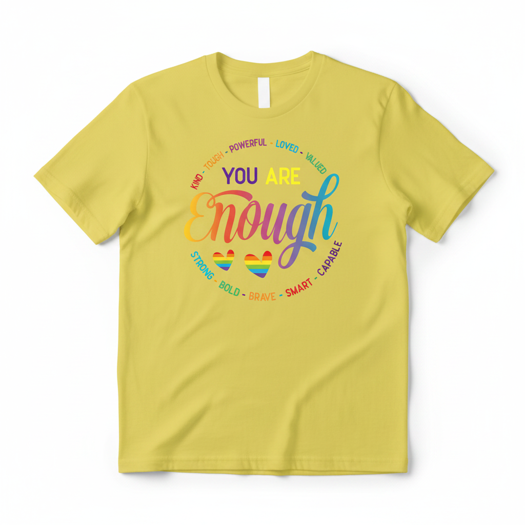 You Are Enough rainbow inspirational graphic tee with empowering words design